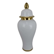 Benjara Risy Covered Jar- 24 Inch- Gold Finial- White Curved Ceramic Base