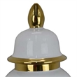 Benjara Risy Covered Jar- 24 Inch- Gold Finial- White Curved Ceramic Base