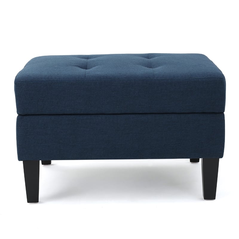 Benjara Voil Storage Ottoman- 28 Inch- Navy Blue Fabric- Tapered Wood Legs