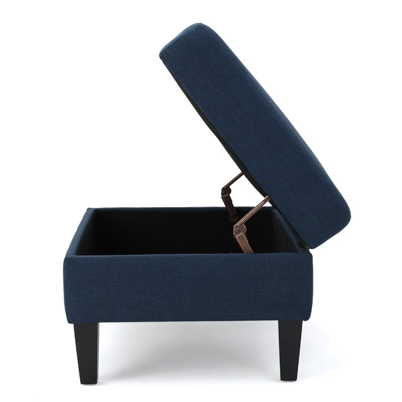 Benjara Voil Storage Ottoman- 28 Inch- Navy Blue Fabric- Tapered Wood Legs