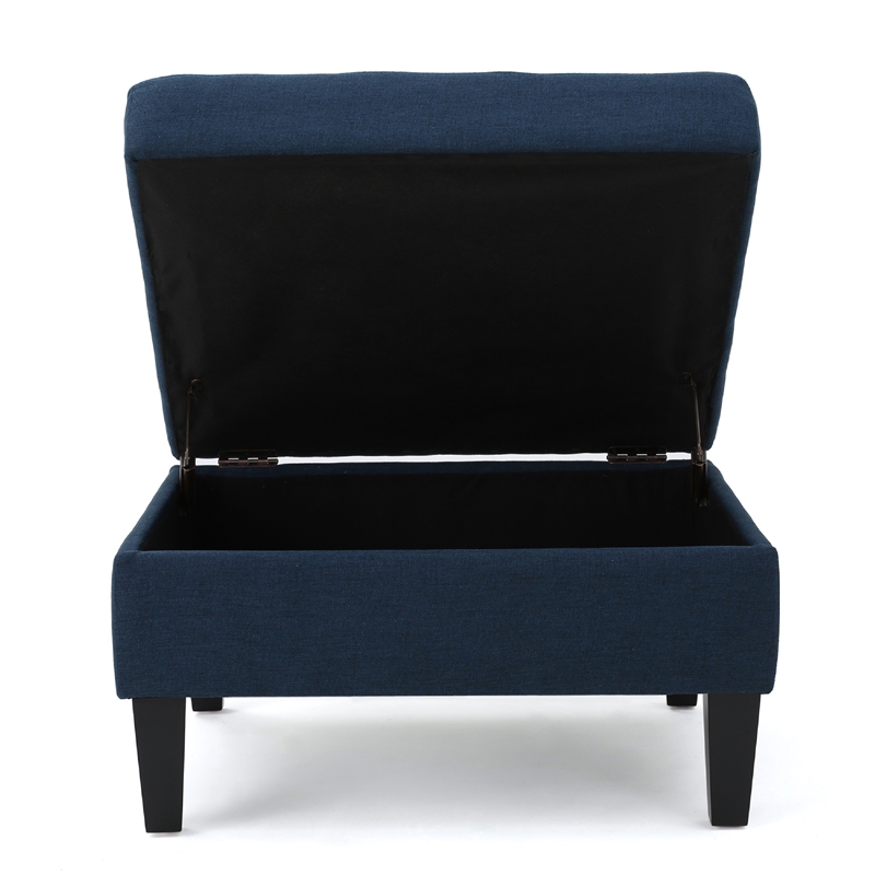 Benjara Voil Storage Ottoman- 28 Inch- Navy Blue Fabric- Tapered Wood Legs
