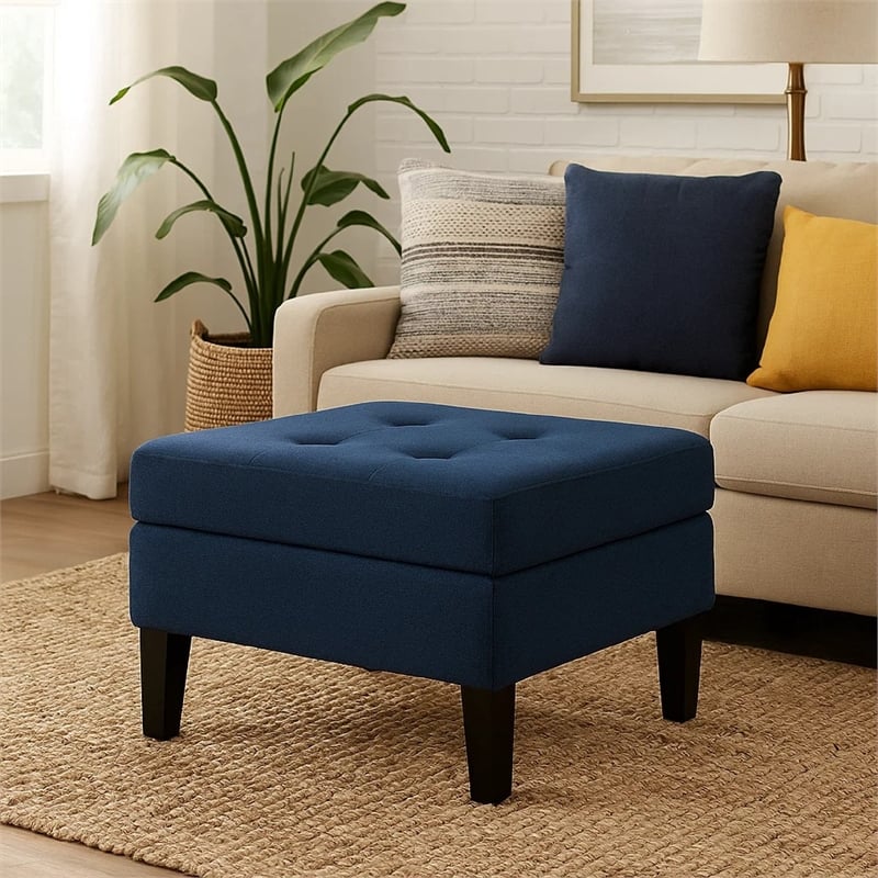 Benjara Voil Storage Ottoman- 28 Inch- Navy Blue Fabric- Tapered Wood Legs