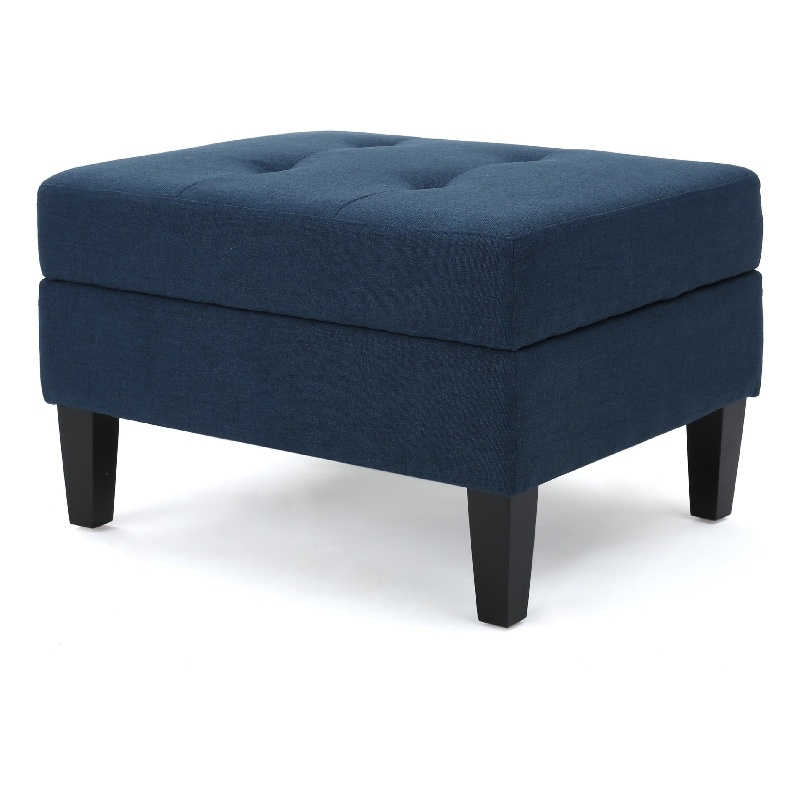 Benjara Voil Storage Ottoman- 28 Inch- Navy Blue Fabric- Tapered Wood Legs