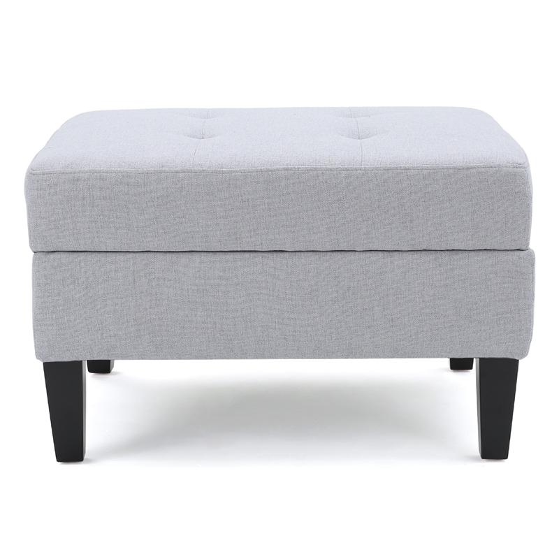 Benjara Voil Storage Ottoman- 28 Inch- Light Gray Fabric- Tapered Wood Legs
