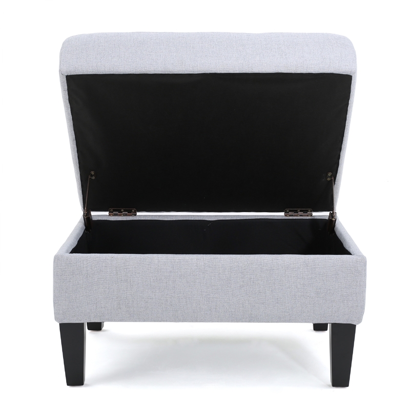Benjara Voil Storage Ottoman- 28 Inch- Light Gray Fabric- Tapered Wood Legs