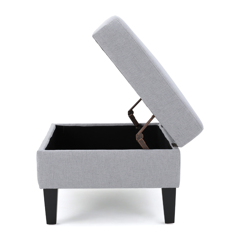 Benjara Voil Storage Ottoman- 28 Inch- Light Gray Fabric- Tapered Wood Legs