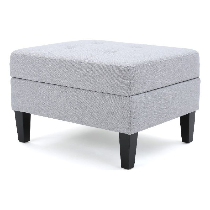 Benjara Voil Storage Ottoman- 28 Inch- Light Gray Fabric- Tapered Wood Legs