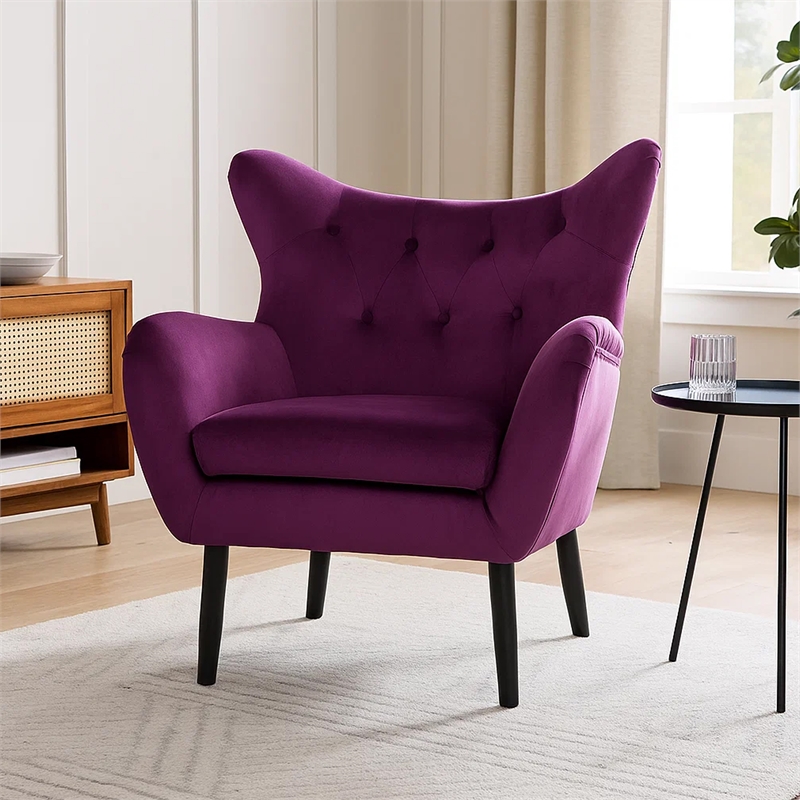 Benjara Riho Accent Armchair- Wingback Button Tufted- Fuchsia Purple Velvet
