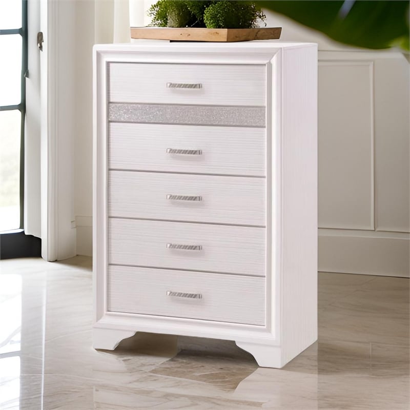 Benjara Wooden Drawer Chest with Hidden Jewelry Tray- White