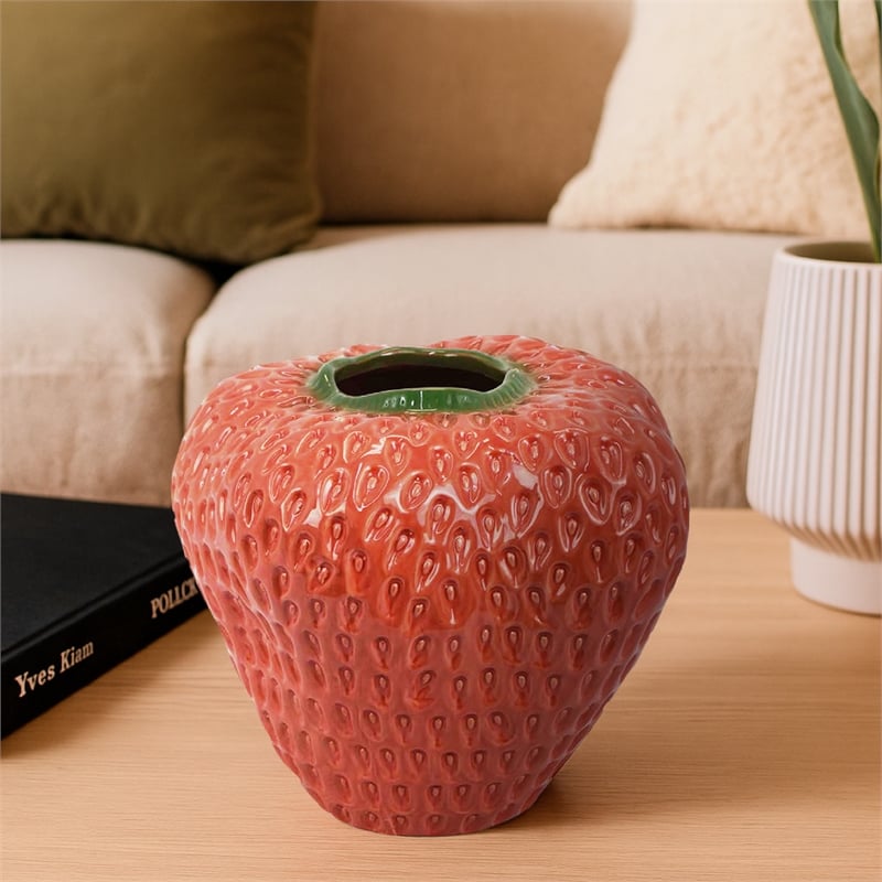 Benjara Kema Decorative Flower Vase- Strawberry Accent- 13