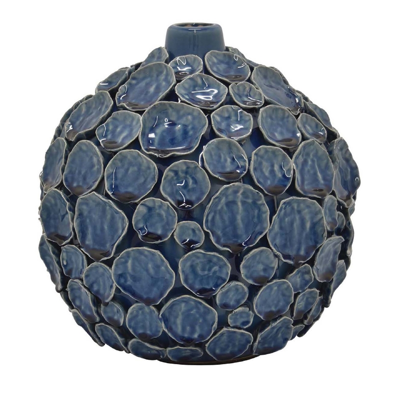 Benjara Remus Accent Vase with Raised Pebble Pattern- Glazed Blue Ceramic