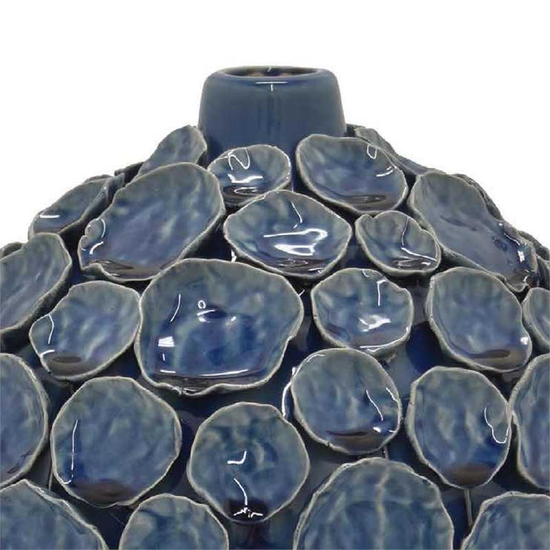 Benjara Remus Accent Vase with Raised Pebble Pattern- Glazed Blue Ceramic