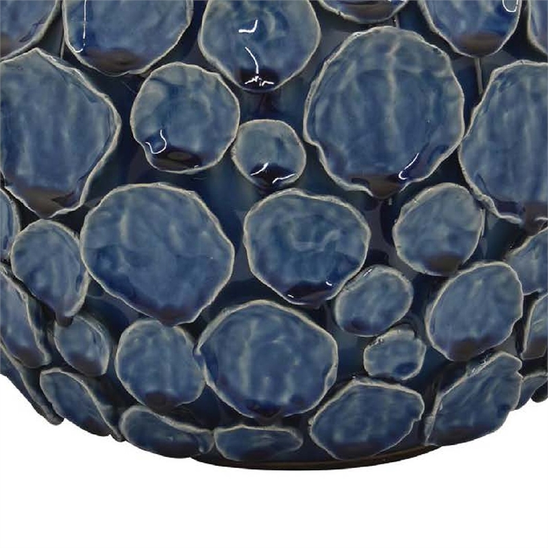 Benjara Remus Accent Vase with Raised Pebble Pattern- Glazed Blue Ceramic