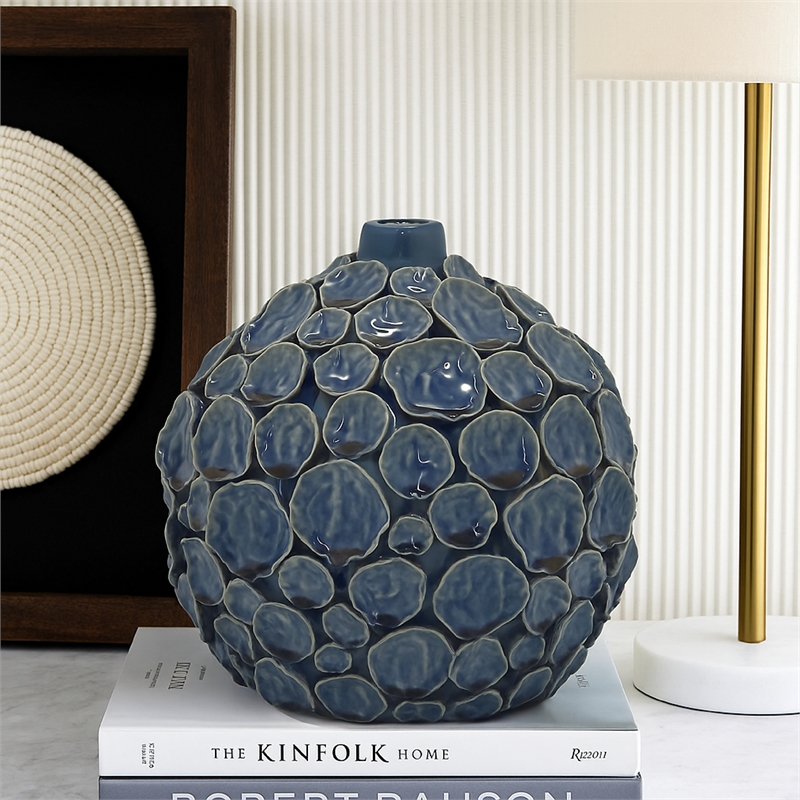 Benjara Remus Accent Vase with Raised Pebble Pattern- Glazed Blue Ceramic