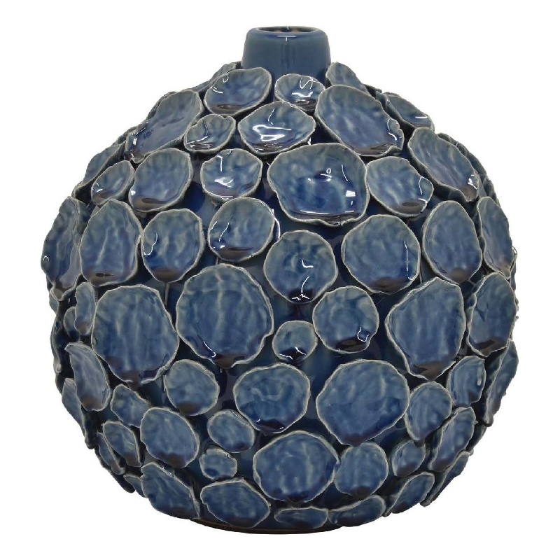 Benjara Remus Accent Vase with Raised Pebble Pattern- Glazed Blue Ceramic
