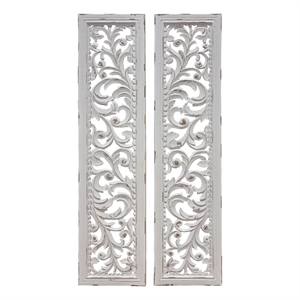 Benjara 50&quot Tall Ozy Carved Wall Art Panel - Distressed White (Set of 2)