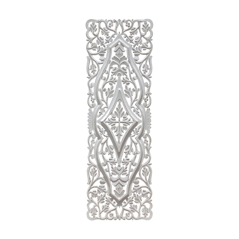 Benjara 16x48 Ozy Carved Wall Art Panel - Distressed White Wood (Set of 2)