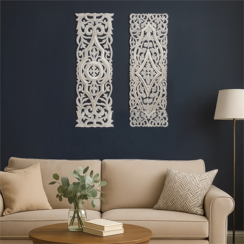 Benjara 16x48 Ozy Carved Wall Art Panel - Distressed White Wood (Set of 2)