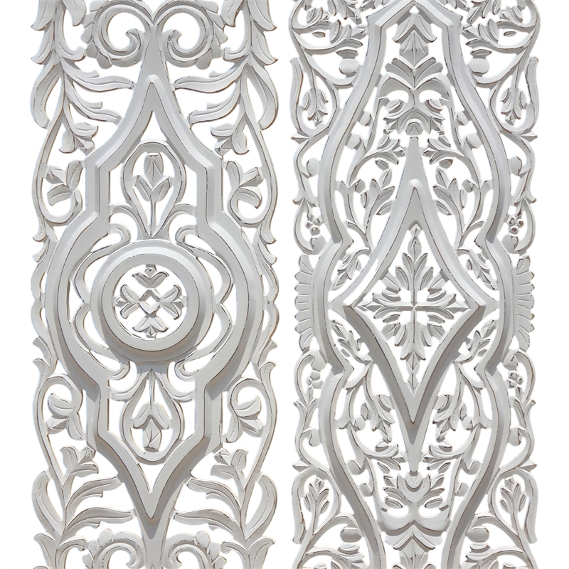 Benjara 16x48 Ozy Carved Wall Art Panel - Distressed White Wood (Set of 2)