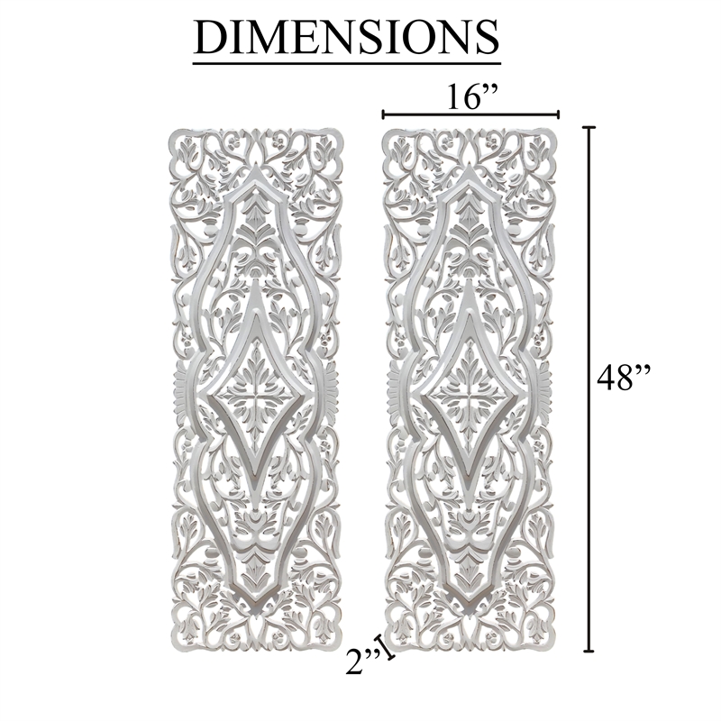 Benjara 16x48 Ozy Carved Wall Art Panel - Distressed White Wood (Set of 2)