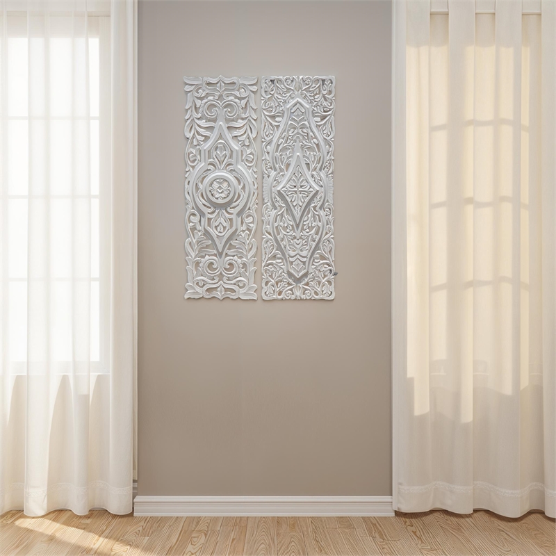 Benjara 16x48 Ozy Carved Wall Art Panel - Distressed White Wood (Set of 2)