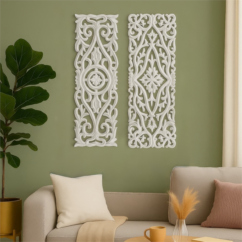 Benjara 16x48 Ozy Carved Wall Art Panel - Distressed White Wood (Set of 2)