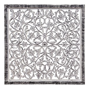 Benjara 36&quot Square Ozy Carved Mango Wood Wall Decor- Distressed Black/White