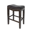 Benjara Feine Counter Stool Set of 2- Gray Faux Leather Saddle Seat- Brown