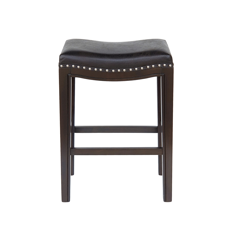 Benjara Feine Counter Stool Set of 2- Gray Faux Leather Saddle Seat- Brown