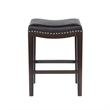 Benjara Feine Counter Stool Set of 2- Gray Faux Leather Saddle Seat- Brown