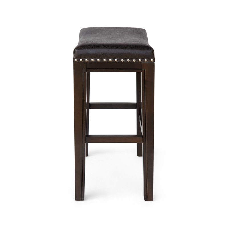 Benjara Feine Counter Stool Set of 2- Gray Faux Leather Saddle Seat- Brown