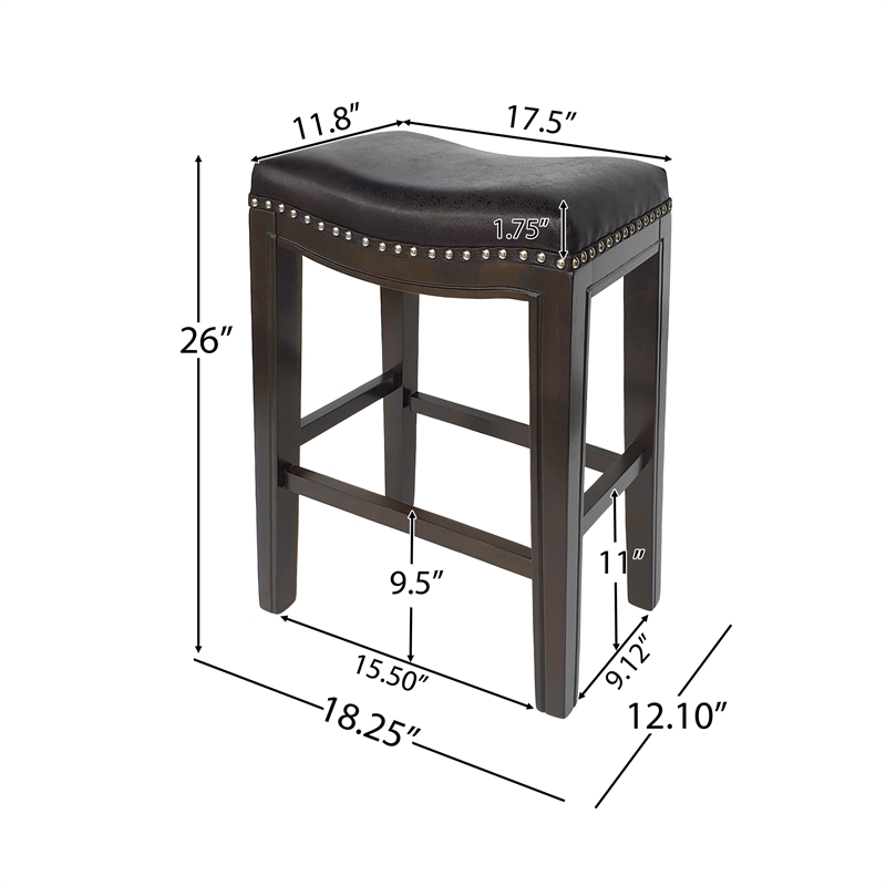 Benjara Feine Counter Stool Set of 2- Gray Faux Leather Saddle Seat- Brown
