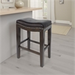 Benjara Feine Counter Stool Set of 2- Gray Faux Leather Saddle Seat- Brown