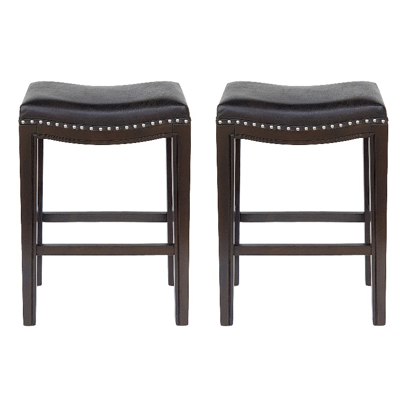 Benjara Feine Counter Stool Set of 2- Gray Faux Leather Saddle Seat- Brown