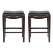 Benjara Feine Counter Stool Set of 2- Gray Faux Leather Saddle Seat- Brown