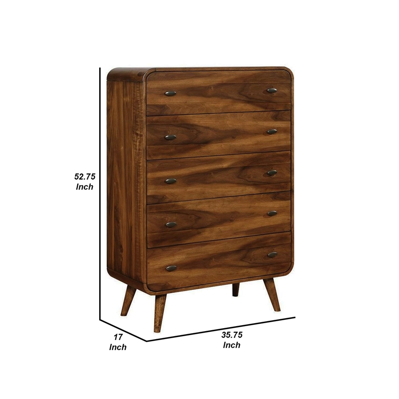 Benjara Wooden Chest with 5 Drawers- Dark Walnut Brown