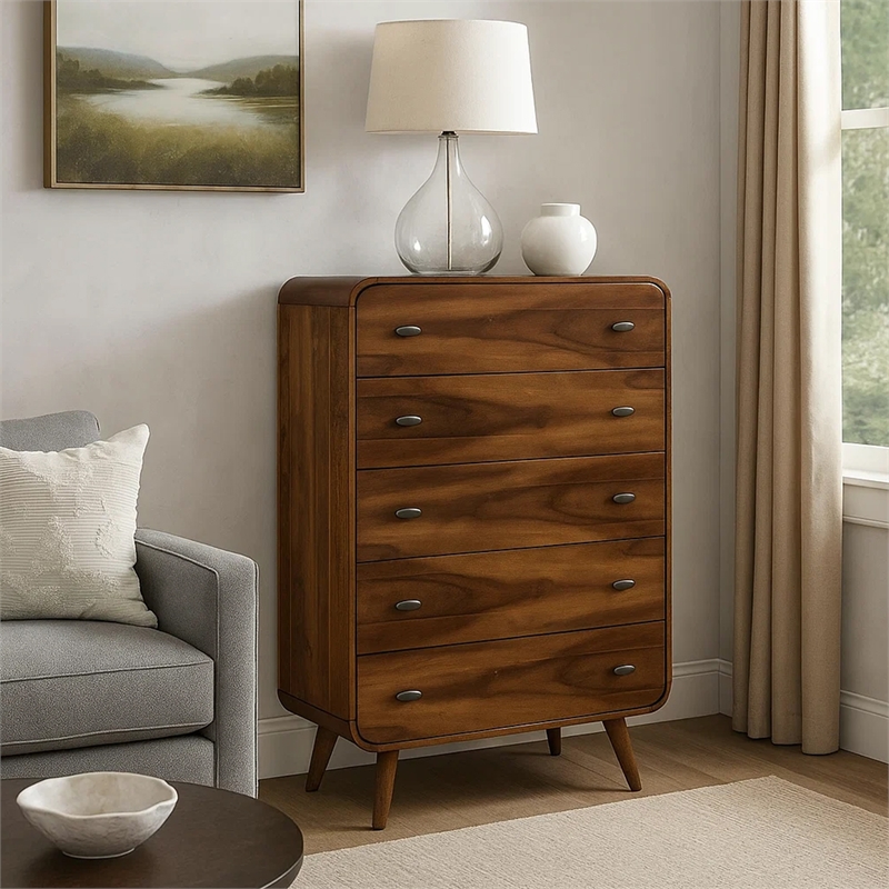 Benjara Wooden Chest with 5 Drawers- Dark Walnut Brown