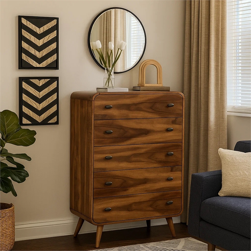 Benjara Wooden Chest with 5 Drawers- Dark Walnut Brown