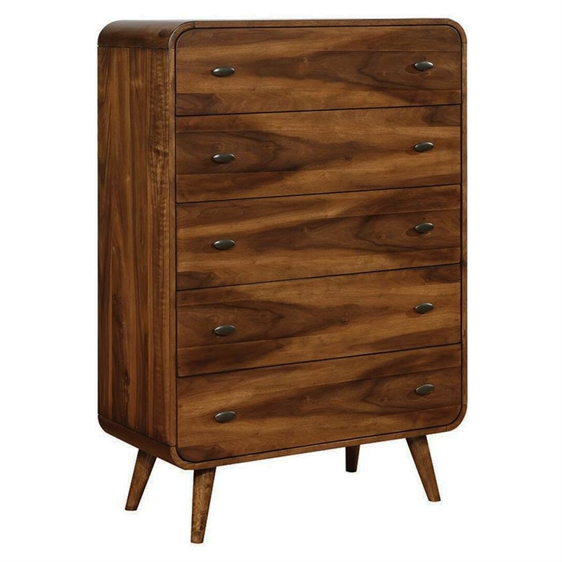 Benjara Wooden Chest with 5 Drawers- Dark Walnut Brown
