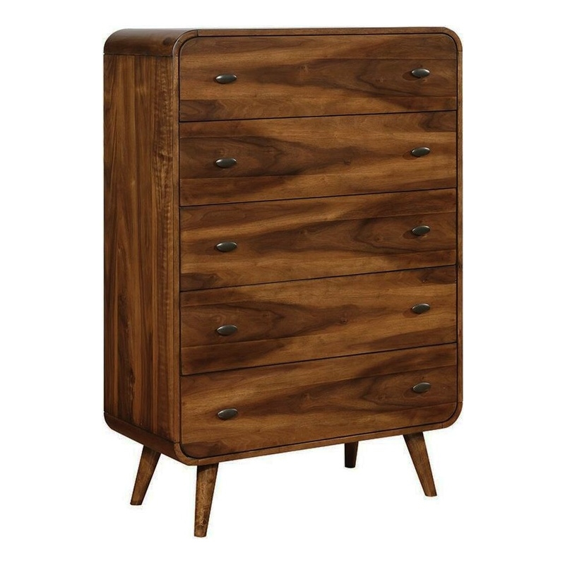 Benjara Wooden Chest with 5 Drawers- Dark Walnut Brown