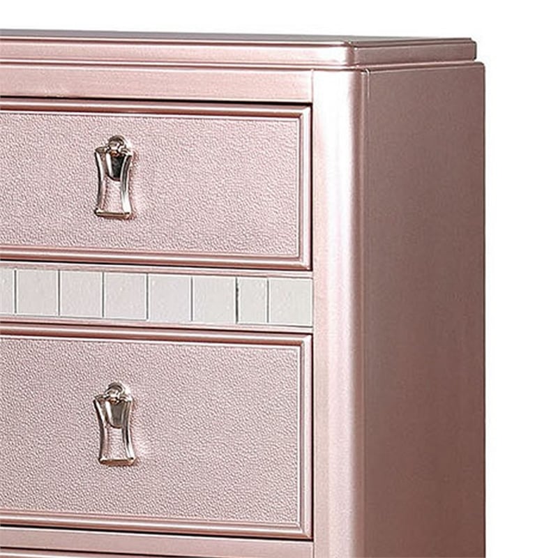 Benjara Five Drawers Contemporary Solid Wood Chest With Mirror Accent- Pink