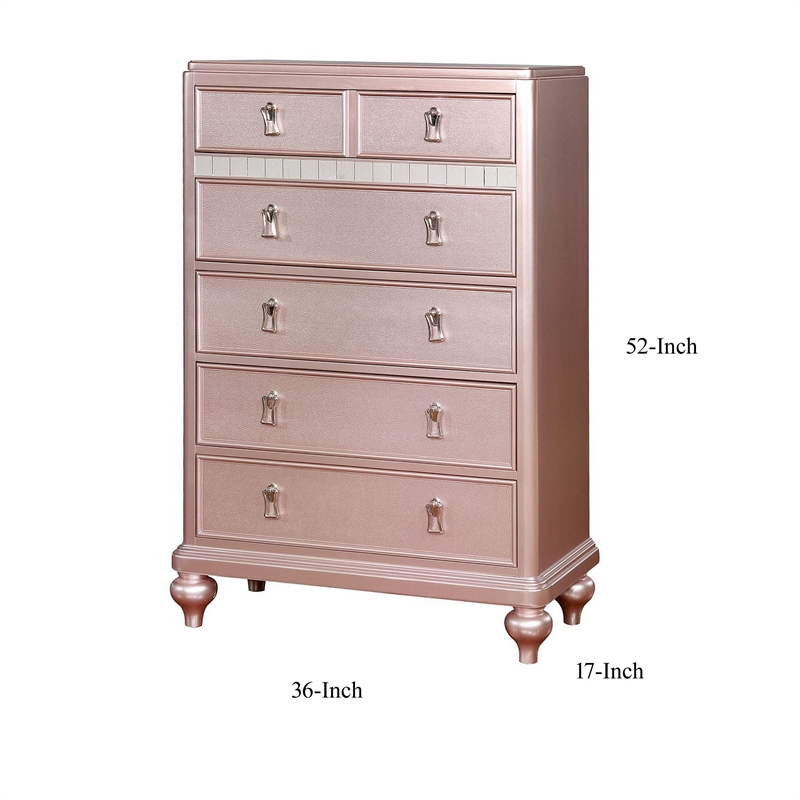 Benjara Five Drawers Contemporary Solid Wood Chest With Mirror Accent- Pink