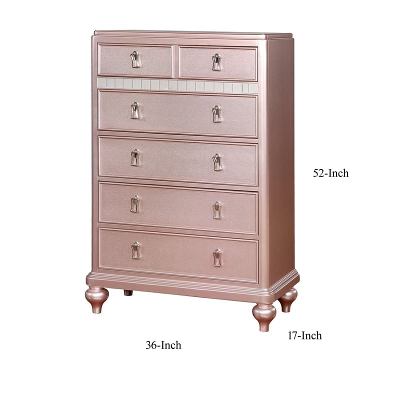 Benjara Five Drawers Contemporary Solid Wood Chest With Mirror Accent- Pink