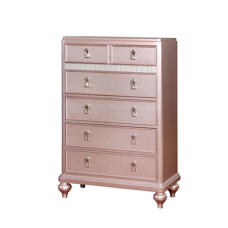 Benjara Five Drawers Contemporary Solid Wood Chest With Mirror Accent- Pink