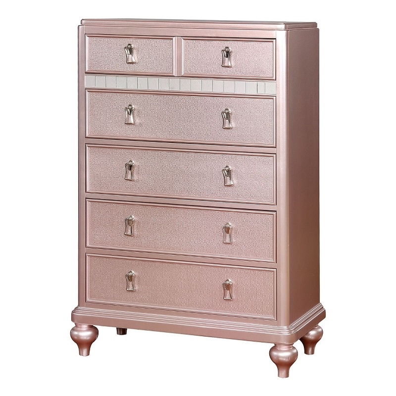 Benjara Five Drawers Contemporary Solid Wood Chest With Mirror Accent- Pink