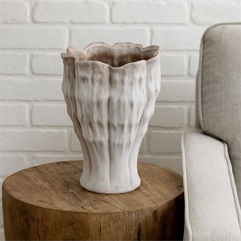 Benjara Maria Accent Vase with Rippled Texture- Tapered Gray Ceramic 15 Inch