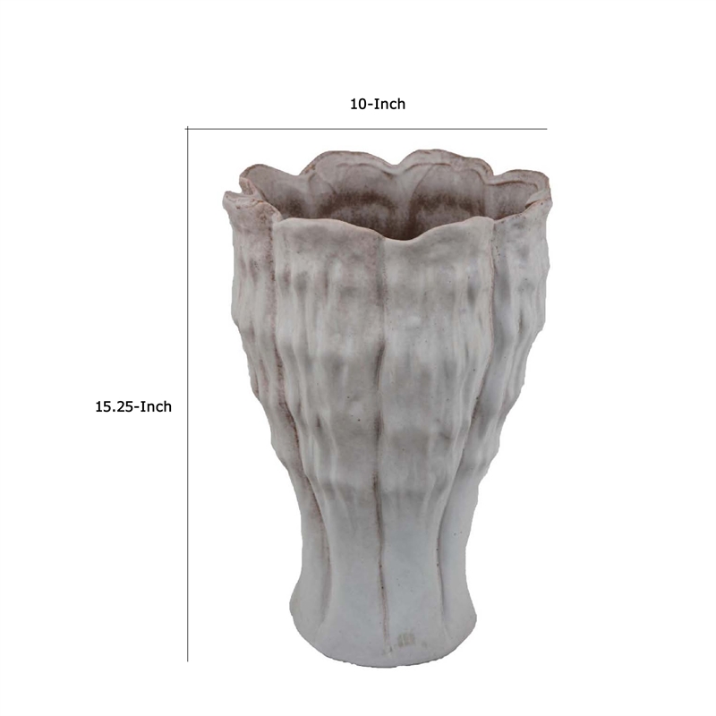 Benjara Maria Accent Vase with Rippled Texture- Tapered Gray Ceramic 15 Inch