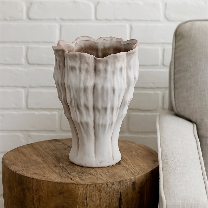 Benjara Maria Accent Vase with Rippled Texture- Tapered Gray Ceramic 15 Inch