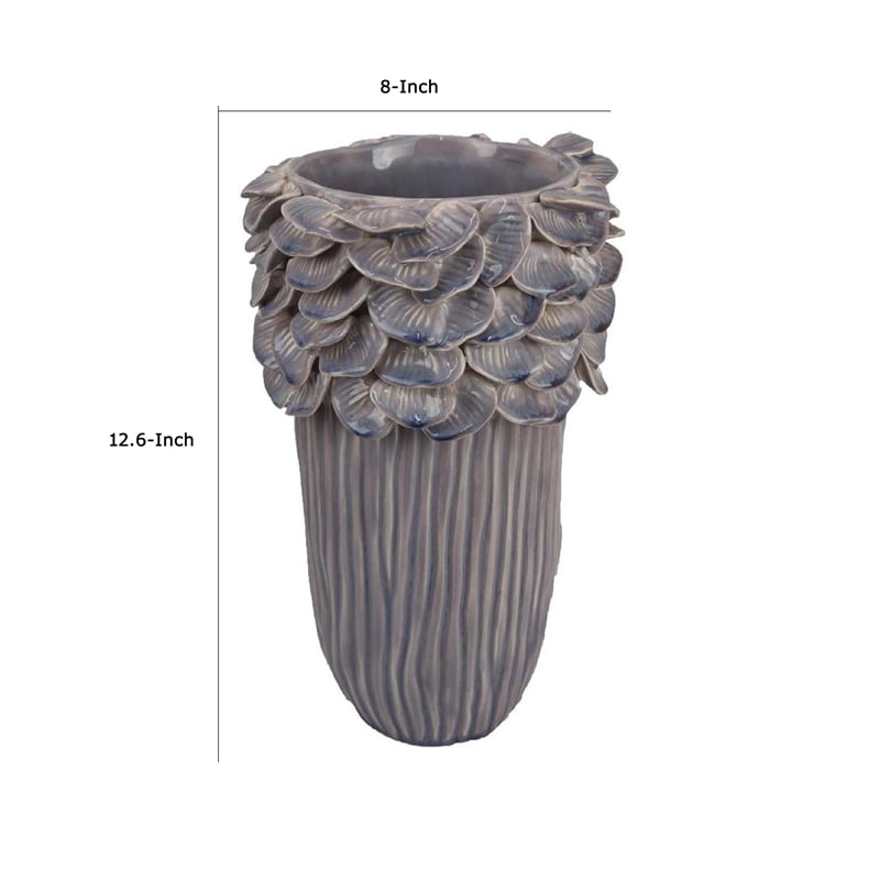 Benjara Kiana Decorative Vase- Gray Ceramic Flared Scales Rim Accent- 13 Inch