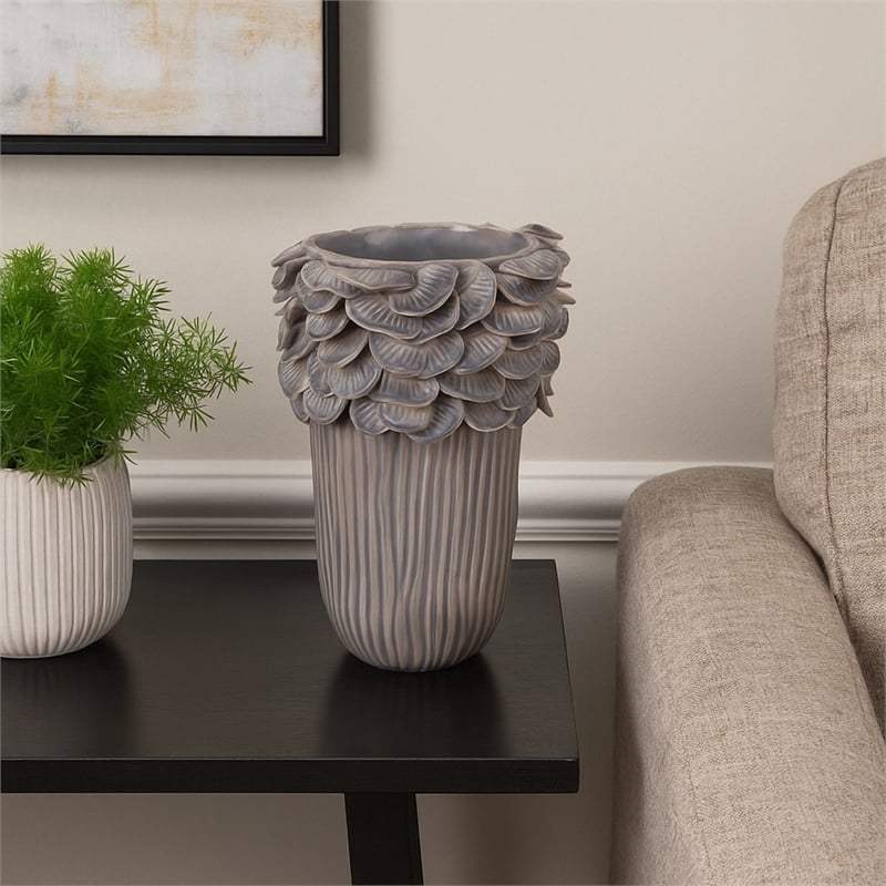 Benjara Kiana Decorative Vase- Gray Ceramic Flared Scales Rim Accent- 13 Inch